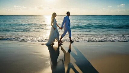 Elegant wedding couple walks hand in hand along the tropical ocean beach at golden hour sunset reflecting in the wet sand - Powered by Adobe