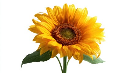 Naklejka premium This sunflower displays bright yellow petals surrounding a green center. The flower stands upright showing its leaves below. The background is plain and light.