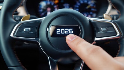 Futuristic car dashboard with digital 2026 button