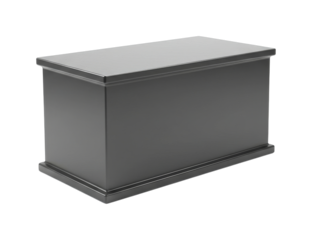 Dark grey rectangular cremation urn box with a simple, classic design shown from a respectful, high-angle perspective in a somber and minimalist style