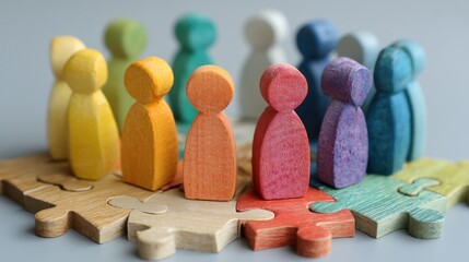 Colorful wooden figures stand on puzzle pieces symbolizing collaboration and teamwork in a creative workspace. This scene highlights unity and collective effort.