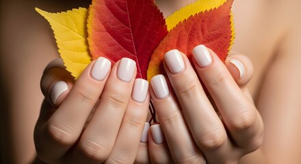 Hands adorned with elegant white nail polish delicately holding vibrant autumn leaves, symbolizing the beauty of fall