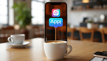 Mobile phone displaying app logo above coffee cup on table  