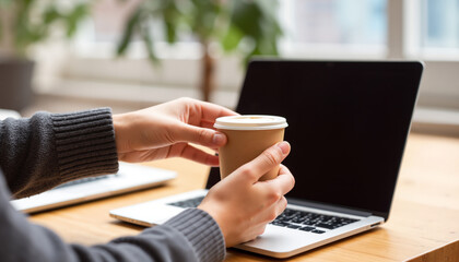 Person holding coffee cup while using laptop at modern workspace