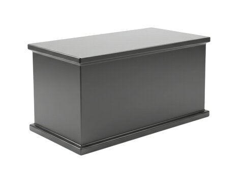 Dark grey rectangular cremation urn box with a simple, classic design shown from a respectful, high-angle perspective in a somber and minimalist style