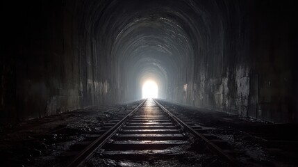 Fototapeta premium Train tracks stretch into a dim tunnel. Bright light shines at the far end illuminating the path forward. Shadows play on the walls of the tunnel.