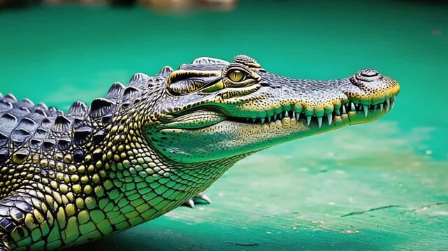 Close up of a crocodile head with teeth visible in green water looking to the right side view crocodile green screen video