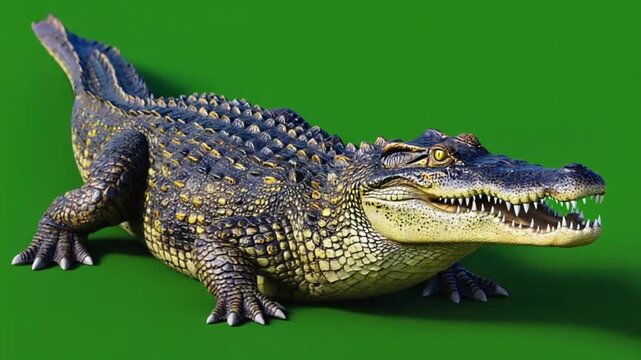 Close up of a large alligator showing its teeth and scales against a green background color crocodile green screen video