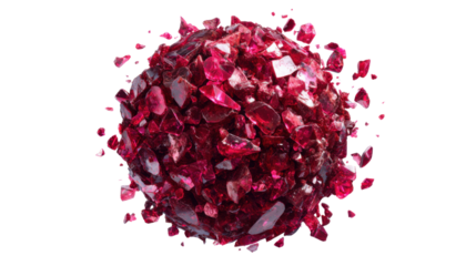 Ruby crystal sphere exploding, shattering red gems in zero gravity, abstract destructive power, transparent background