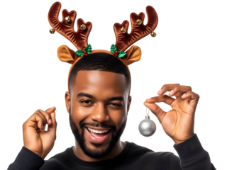 Christmas Reindeer Portrait Cheerful Man Holding Bauble Holiday Celebration