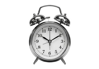 A classic analog alarm clock in striking black and white, featuring a traditional twin-bell design, an iconic symbol of punctuality, isolated on a transparent background for versatile use.