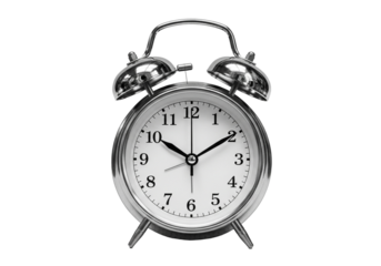 A classic analog alarm clock in striking black and white, featuring a traditional twin-bell design, an iconic symbol of punctuality, isolated on a transparent background for versatile use.