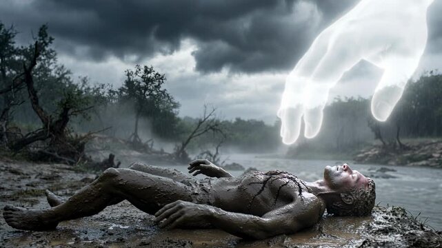 Bible Cinematic video of God creating Adam from clay giving spark of life with divine touch Bible Genesis 2 concept