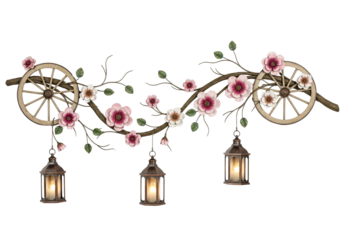 Curved decorative wall art with rustic branch, pink flowers, wagon wheels, and glowing lanterns, isolated on transparent backdrop.