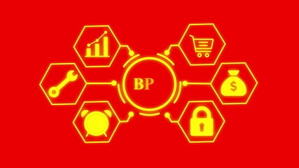 neon bpn at center of connected digital business icons including clock cart wrench lock money bag and growth chart on red background - Powered by Adobe