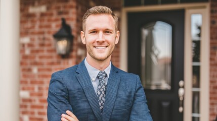 A man stands in front of a brick home with his arms crossed. He wears a suit and tie and smiles at the camera. The door is open showing a welcoming atmosphere on a bright day.