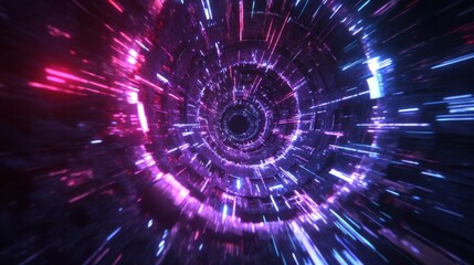 Bright colors swirl and radiate from a central point creating a dynamic visual effect in a digital space. Light streaks form an abstract pattern in this captivating scene.