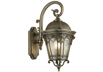 Detailed ornate antique brass outdoor wall lantern glowing warmly, featuring textured glass panels and elegant scrollwork, isolated on transparent background.