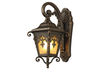Ornate vintage outdoor wall lantern, intricate metalwork, warm glowing light, ideal for architectural exteriors, isolated on transparent background.