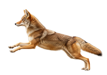 Detailed side view of a wild coyote captured mid-leap, highlighting its powerful muscles, athletic grace, alert expression, and intricate fur, isolated on transparent background.