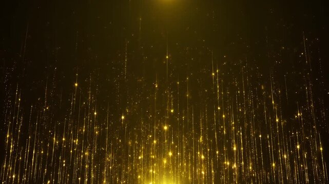 Abstract Golden Particles Rising Upwards on Dark Background with Light Flare.