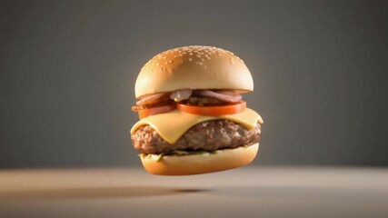 Delicious, realistic floating burger with cheese and toppings