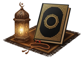 Illuminated Islamic lantern and the Holy Quran with prayer beads on a traditional rug, symbolizing faith and devotion during Ramadan, isolated on a transparent background.