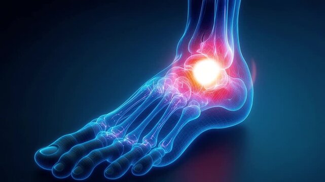 Animated x ray showing inflammation and pain in the human ankle and foot bones, highlighting arthritis