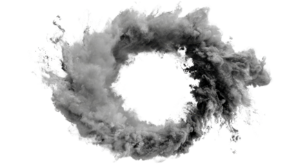 Dynamic grey smoke vortex creating an abstract ring shape with a cloudy texture on transparent background