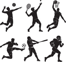 Set of dynamic sports silhouettes, athletes in action, volleyball, tennis, basketball, soccer, baseball, American football, solid black vector graphics on white background, minimalist, flat design, hi