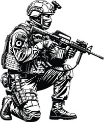 Detailed black and white illustration of a tactical soldier in protective gear kneeling with equipment, showcasing uniform design and concept artwork
