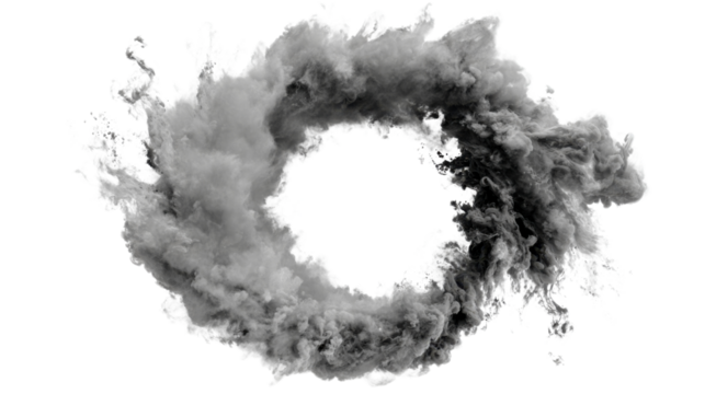 Dynamic grey smoke vortex creating an abstract ring shape with a cloudy texture on transparent background - Powered by Adobe
