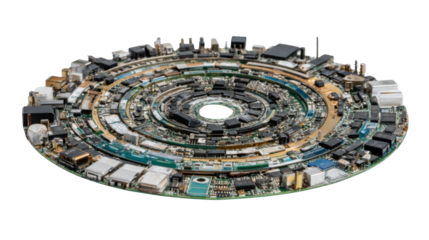 Circular circuit board structure representing technology, innovation, and digital data processing, on transparent background