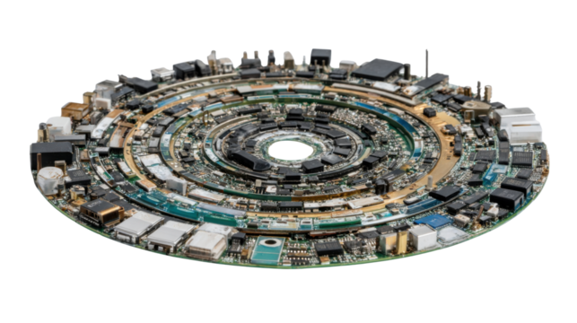 Circular circuit board structure representing technology, innovation, and digital data processing, on transparent background - Powered by Adobe