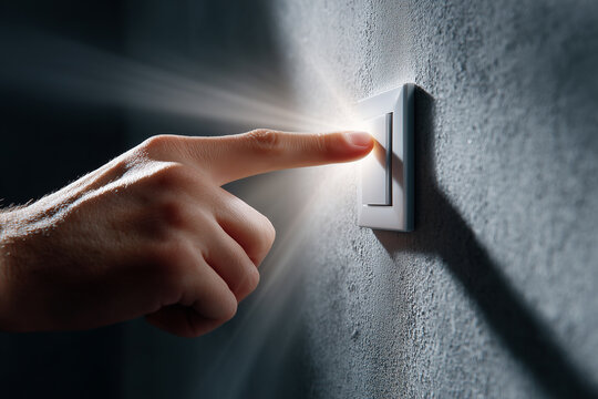 Hand bet&auml;tigt Lichtschalter im Haushalt &ndash; Energie und Alltagssituation