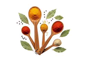A high-quality product photography shot of wooden spoons filled with colorful spices and fresh bay leaves, isolated on a black background for culinary inspiration