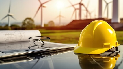 at sunset Wind turbine in the background with safety helmet, blue, AI generative