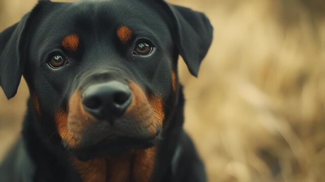 Black Rottweiler looking at camera with sad expression