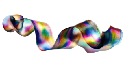 Abstract iridescent liquid spiral flowing, vibrant holographic colors creating a dynamic wavy ribbon shape on a transparent background