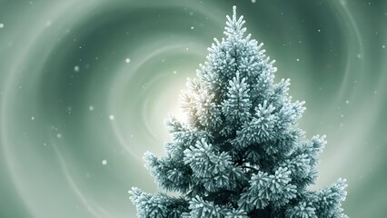Snowcovered christmas tree against swirling green winter background, suitable for holiday designs, greeting cards, posters, and festive social media posts.