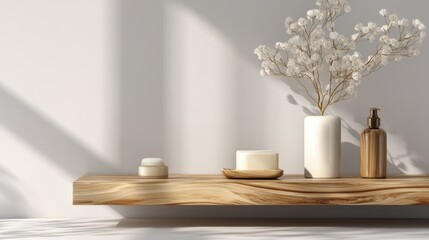 A wooden shelf holds a few decorative items including a vase with dried flowers a small candle and a bottle. The light casts shadows on the wall and shelf.