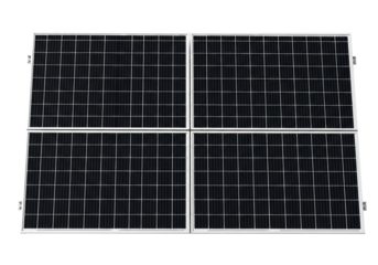 Digital illustration of four modern solar panels for renewable energy, sustainable power, and clean electricity generation, isolated on transparent background.
