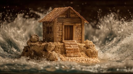 A small model of a house sits on a rocky island while strong waves crash around it. The scene takes place in darkness enhancing the dramatic effect of the waves.