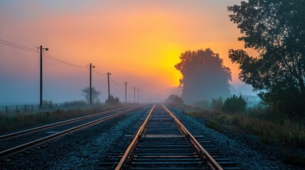 Fototapeta premium Sunlight breaks through fog in the early morning. Railway tracks stretch into the distance lined by trees and power lines. The scene captures a quiet moment in nature.