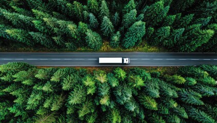 Aerial view of a white truck driving on a road through a lush green forest (1)