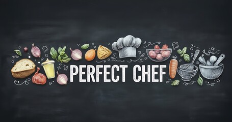 art "perfect chef " Chalkboard illustration of various food items and cooking utensils.