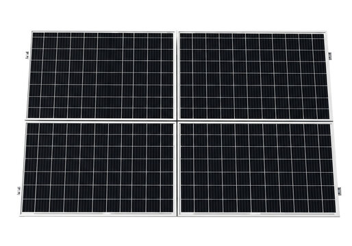 Digital illustration of four modern solar panels for renewable energy, sustainable power, and clean electricity generation, isolated on transparent background.