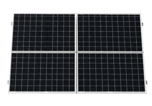Digital illustration of four modern solar panels for renewable energy, sustainable power, and clean electricity generation, isolated on transparent background. - Powered by Adobe