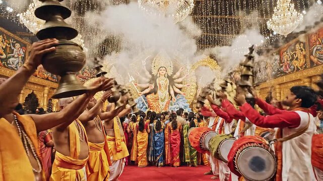 Vibrant Hindu Festival Priests Devotees Celebrate Durga Puja with Sacred Rituals Aarti and Traditional Music