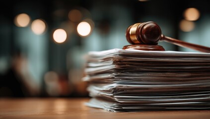 A wooden gavel rests atop a stack of papers on a wooden surface